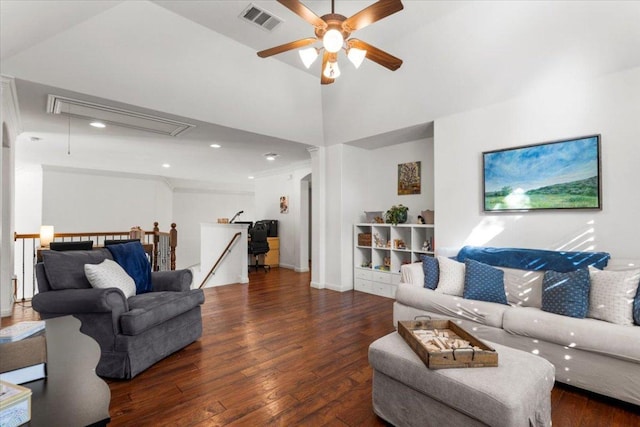 5909 Sunset Rdg, Austin, TX 78735 - living area featuring attic access, a ceiling fan, hardwood / wood-style floors, recessed lighting, and baseboards