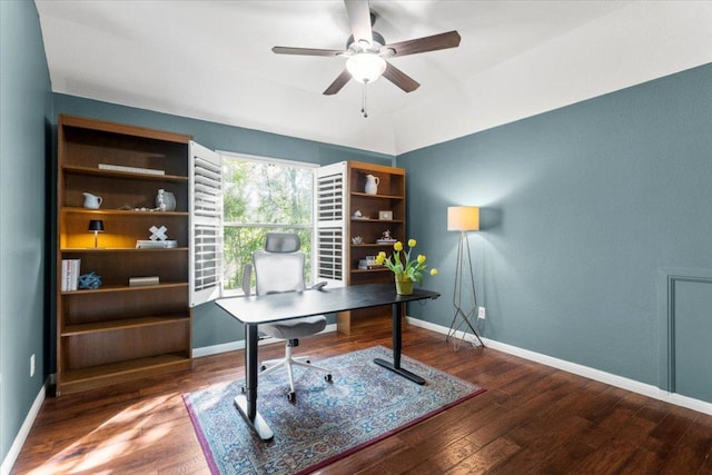 5909 Sunset Rdg, Austin, TX 78735 - home office featuring a ceiling fan, wood finished floors, and baseboards