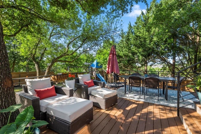 5909 Sunset Rdg, Austin, TX 78735 - wooden terrace with an outdoor hangout area and outdoor dining area