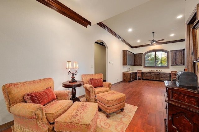 1298 Mystic Pkwy, Spring Branch, TX 78070 - living area featuring arched walkways, a ceiling fan, crown molding, dark wood-type flooring, and recessed lighting