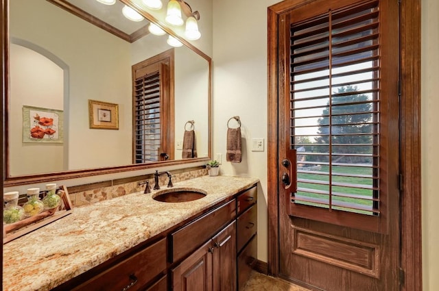 1298 Mystic Pkwy, Spring Branch, TX 78070 - bathroom with vanity and crown molding