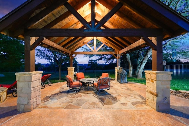 1298 Mystic Pkwy, Spring Branch, TX 78070 - patio terrace at dusk with a gazebo, a patio, and grilling area