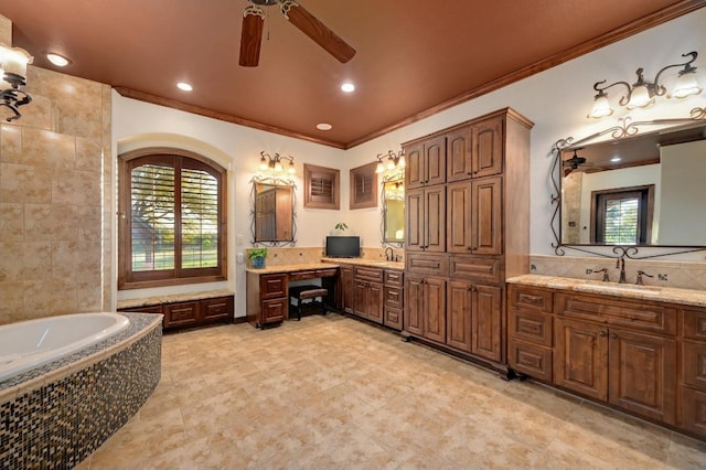 1298 Mystic Pkwy, Spring Branch, TX 78070 - full bathroom with a ceiling fan, crown molding, plenty of natural light, two vanities, and a garden tub