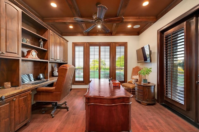 1298 Mystic Pkwy, Spring Branch, TX 78070 - office area featuring a ceiling fan, dark wood-type flooring, coffered ceiling, built in desk, and beamed ceiling