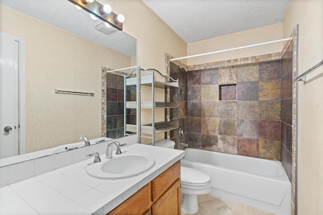 840 Eagles Way, Leander, TX 78641 - bathroom with vanity,  shower combination, a textured ceiling, and tile patterned flooring