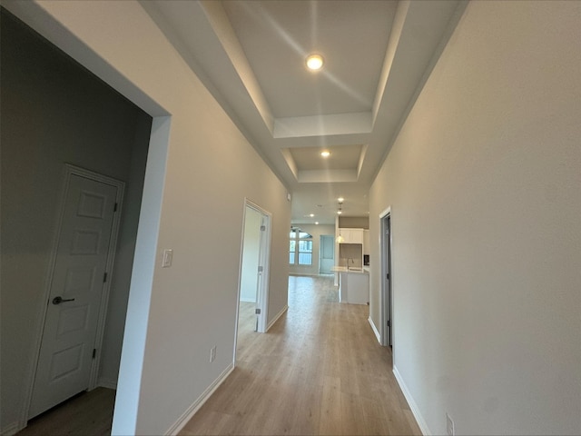 493 Sugar Cane Rd, Buda, TX 78610 - hallway with light wood-style floors, recessed lighting, baseboards, and a tray ceiling