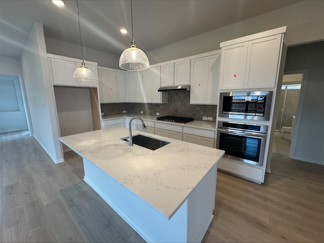 493 Sugar Cane Rd, Buda, TX 78610 - kitchen with stainless steel appliances, a sink, under cabinet range hood, backsplash, and wood finished floors