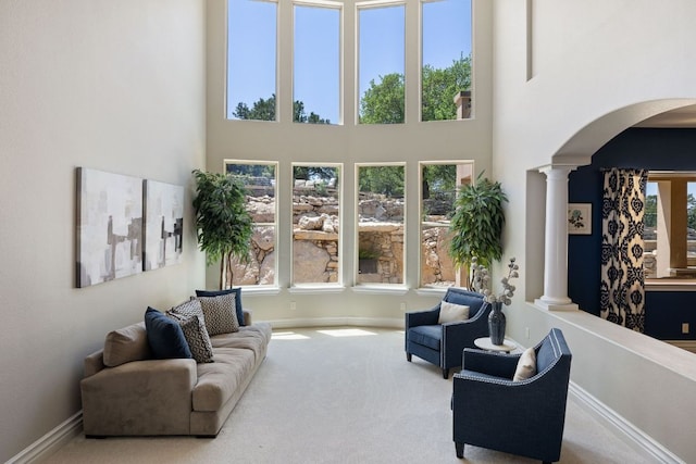 1306 High Lonesome, Leander, TX 78641 - carpeted living area featuring decorative columns, arched walkways, plenty of natural light, a high ceiling, and baseboards