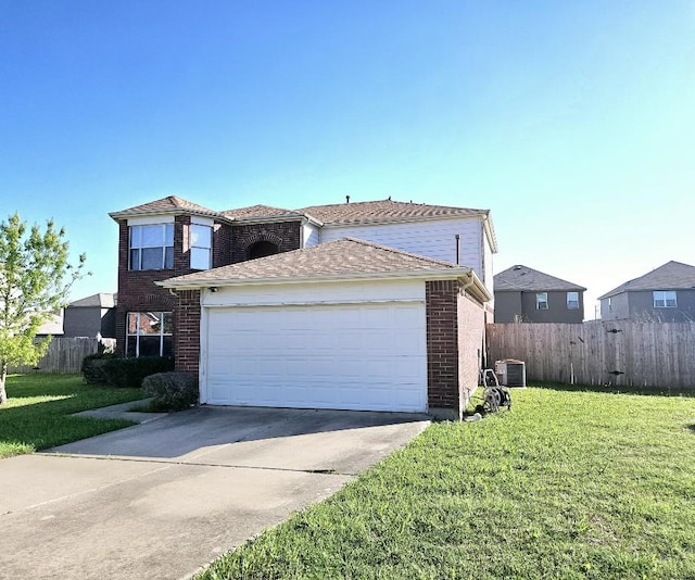 14400 Little Eagle Ct, Elgin, TX 78621 - traditional-style home with fence, cooling unit, concrete driveway, brick siding, and a front lawn