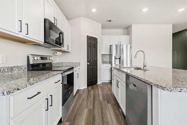 8516 Cantera Ridge Rd, Temple, TX 76502 - kitchen with appliances with stainless steel finishes, a sink, dark wood-type flooring, light stone countertops, and recessed lighting