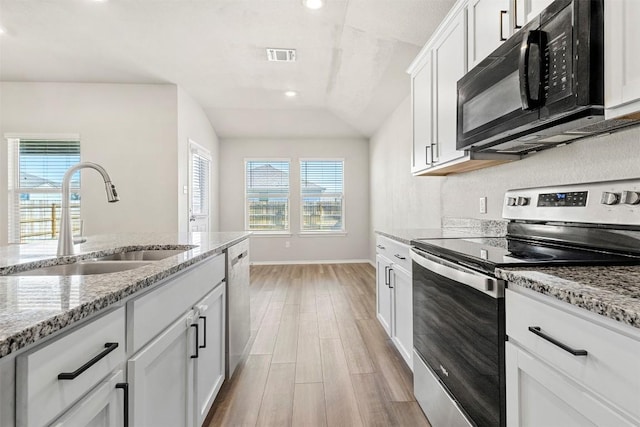 8516 Cantera Ridge Rd, Temple, TX 76502 - kitchen featuring appliances with stainless steel finishes, light wood finished floors, lofted ceiling, plenty of natural light, and light stone counters
