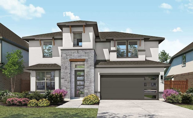 940 Sunny Ridge Dr, Leander, TX 78641 - modern home featuring stucco siding, a garage, fence, stone siding, and concrete driveway