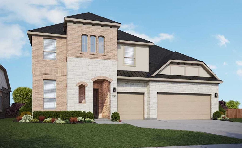 1917 Lazy Grove Bnd, Leander, TX 78641 - view of front of property featuring concrete driveway, a front lawn, stone siding, an attached garage, and a shingled roof