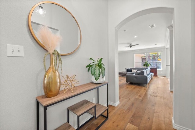3420 Benecia Ct, Austin, TX 78738 - hall with arched walkways, light wood-style floors, and recessed lighting