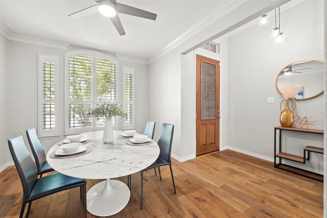 3420 Benecia Ct, Austin, TX 78738 - dining room featuring ceiling fan, light wood-style flooring, and ornamental molding
