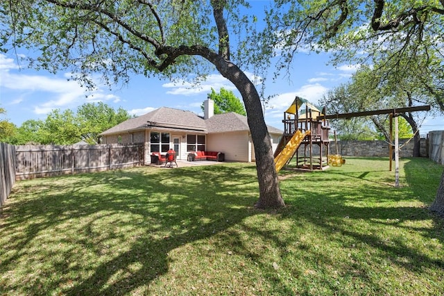 3420 Benecia Ct, Austin, TX 78738 - fenced backyard with a patio and a playground