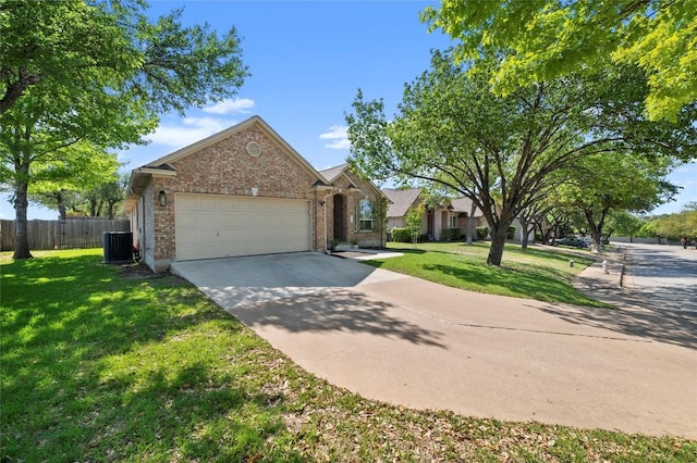 view of front facade with brick siding, an attached garage, concrete driveway, and central AC