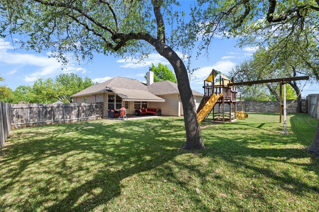 3420 Benecia Ct, Austin, TX 78738 - fenced backyard with a patio area and a playground
