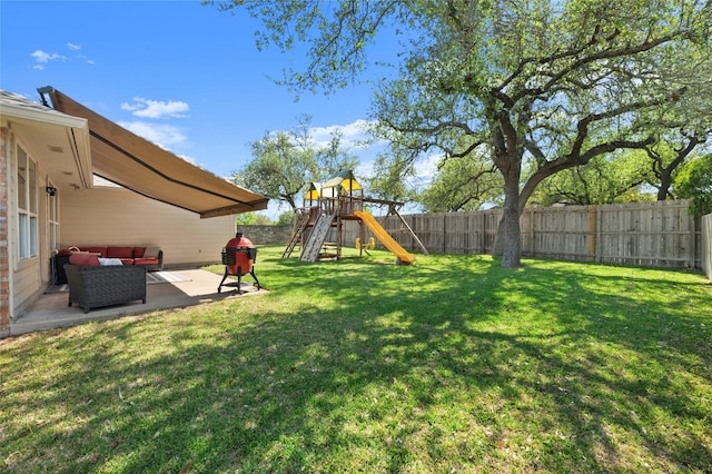 3420 Benecia Ct, Austin, TX 78738 - fenced backyard with a patio and a playground