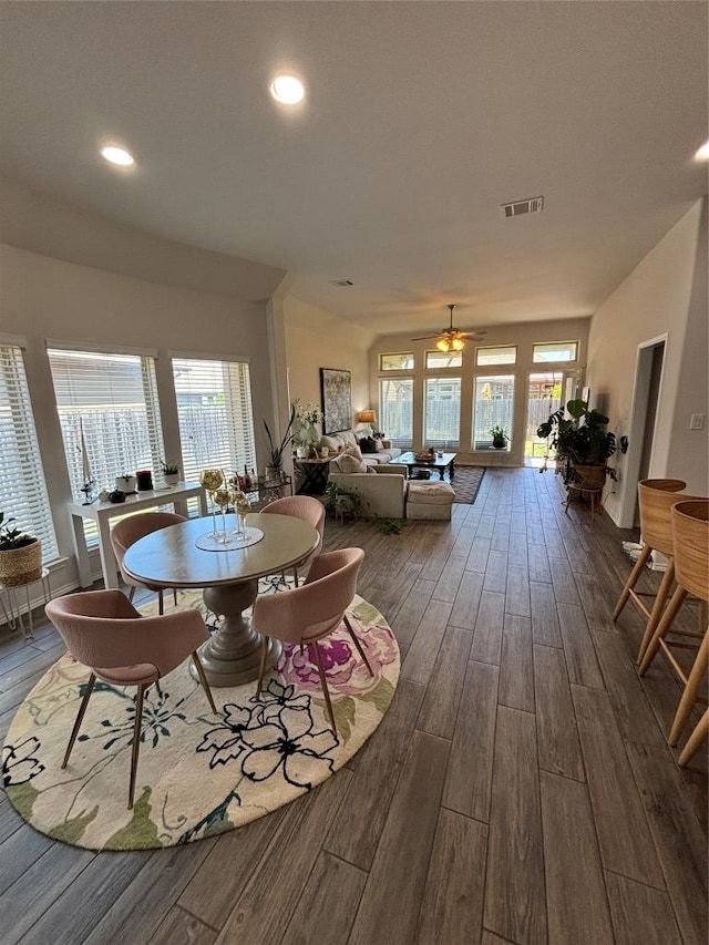 229 Split Rail Dr, San Marcos, TX 78666 - dining room featuring dark wood-type flooring, a ceiling fan, and recessed lighting