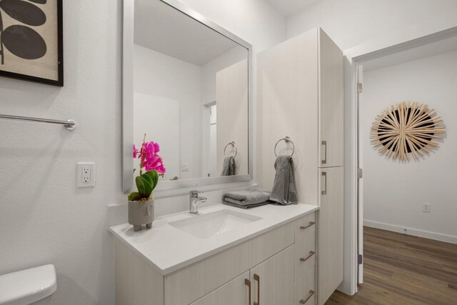 6324 N Lamar Blvd Unit 313, Austin, TX 78752 - half bath with vanity, toilet, and wood finished floors