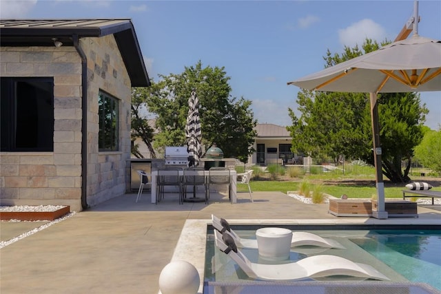 7817 Orisha Dr, Austin, TX 78739 - view of swimming pool with area for grilling, a hot tub, grilling area, a patio, and outdoor dining area