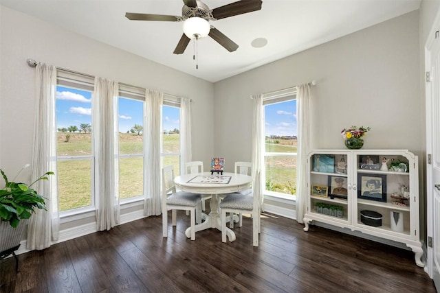 dining room featuring a wealth of natural light, dark wood-style floors, baseboards, and a ceiling fan
