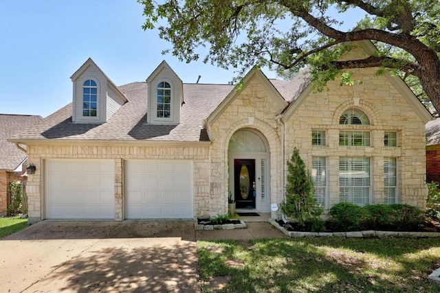 8909 Beatty Ct, Austin, TX 78749 - view of front facade featuring stone siding, driveway, an attached garage, and a shingled roof