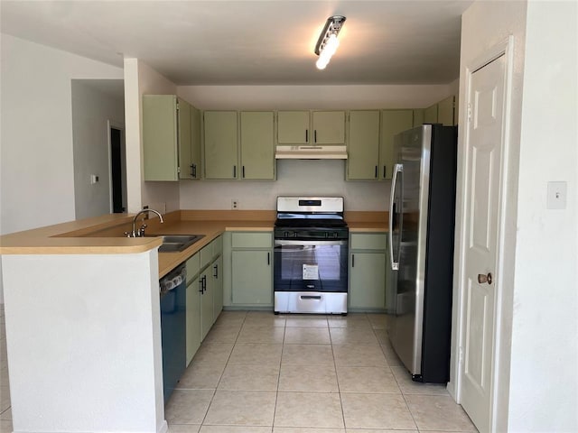 12318 Marogot Run, Austin, TX 78758 - kitchen featuring stainless steel appliances, under cabinet range hood, green cabinets, and a peninsula