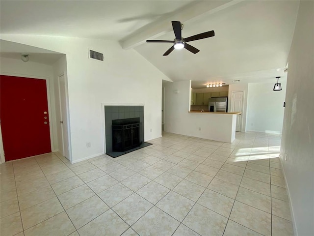 12318 Marogot Run, Austin, TX 78758 - unfurnished living room featuring a ceiling fan, light tile patterned floors, and a fireplace