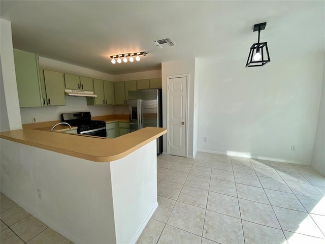 12318 Marogot Run, Austin, TX 78758 - kitchen with black stove, stainless steel fridge, under cabinet range hood, and light tile patterned flooring