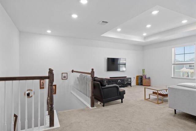 6809 Ellsworth Walk, Austin, TX 78724 - living area with light carpet, recessed lighting, and a raised ceiling