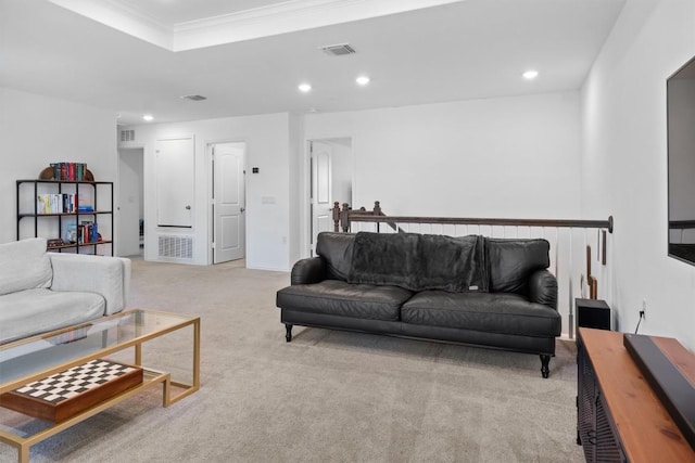 6809 Ellsworth Walk, Austin, TX 78724 - living room with recessed lighting, light colored carpet, ornamental molding, and a raised ceiling
