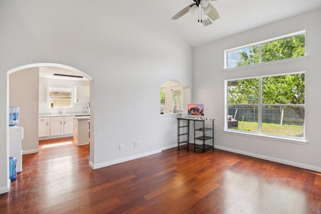 339 Liberty St, Hutto, TX 78634 - spare room with high vaulted ceiling, ceiling fan, arched walkways, and wood finished floors