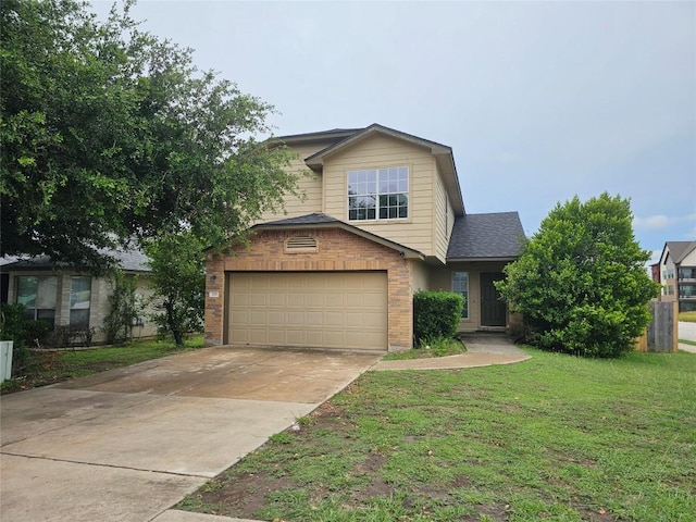 339 Liberty St, Hutto, TX 78634 - view of front facade featuring brick siding, a front lawn, an attached garage, driveway, and roof with shingles