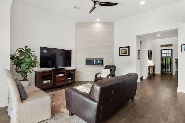 12705 Mitica Dr, Austin, TX 78739 - living room featuring recessed lighting, visible vents, a ceiling fan, and dark wood-style floors