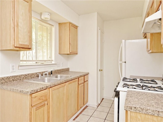 6916 Carwill Dr, Austin, TX 78724 - kitchen featuring light brown cabinets, under cabinet range hood, white appliances, a sink, and light tile patterned flooring