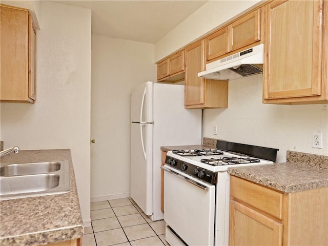 6916 Carwill Dr, Austin, TX 78724 - kitchen featuring under cabinet range hood, white gas stove, light brown cabinets, and a sink