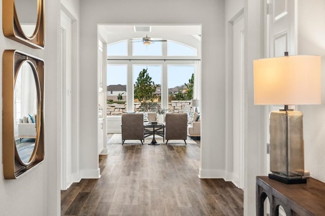 328 Ridgewell Loop, Georgetown, TX 78633 - entrance foyer with a ceiling fan and dark wood-style floors