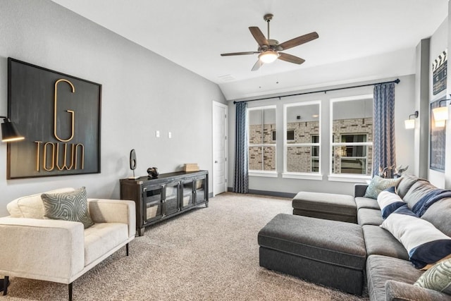 328 Ridgewell Loop, Georgetown, TX 78633 - carpeted living room featuring ceiling fan and lofted ceiling