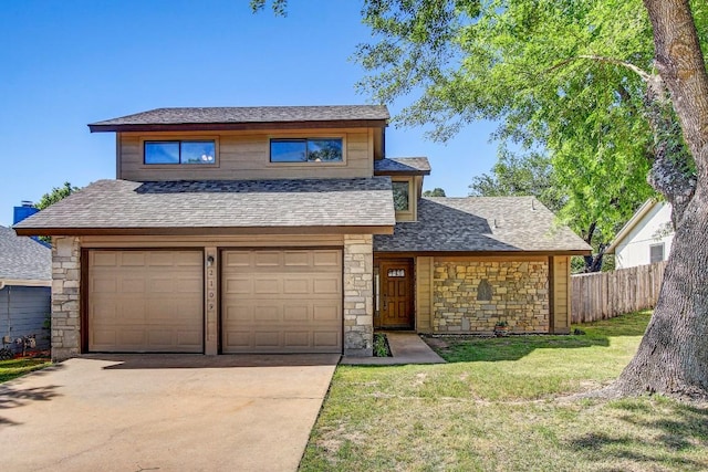 2109 Delvin Ln, Austin, TX 78728 - view of front of house with stone siding, driveway, a garage, and roof with shingles