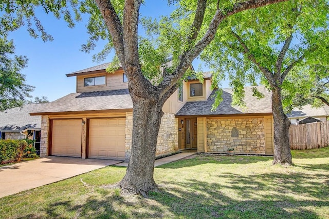 2109 Delvin Ln, Austin, TX 78728 - view of front of home with stone siding, driveway, a garage, and a shingled roof