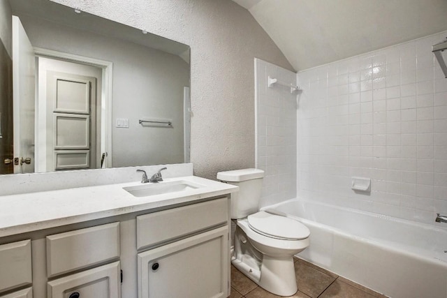 2109 Delvin Ln, Austin, TX 78728 - full bath featuring vanity, lofted ceiling,  shower combination, a textured wall, and tile patterned floors