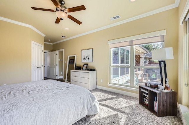 611 Algerita Dr, Georgetown, TX 78628 - carpeted bedroom with crown molding and ceiling fan
