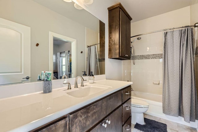 611 Algerita Dr, Georgetown, TX 78628 - bathroom with shower / bathtub combination with curtain, vanity, and tile patterned flooring
