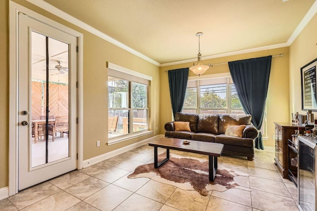 611 Algerita Dr, Georgetown, TX 78628 - living room featuring ornamental molding and light tile patterned flooring