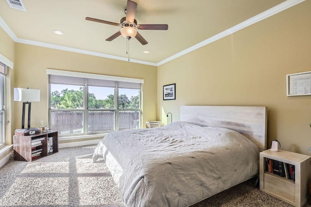 611 Algerita Dr, Georgetown, TX 78628 - bedroom with carpet floors, ornamental molding, a ceiling fan, and recessed lighting
