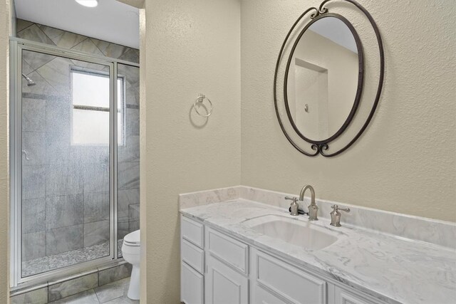 3504 Valley Pike Rd, Cedar Park, TX 78613 - full bathroom with toilet, a stall shower, vanity, tile patterned flooring, and a textured wall