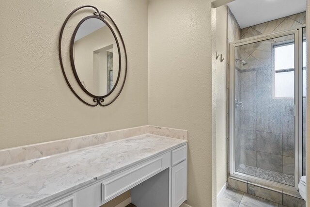 3504 Valley Pike Rd, Cedar Park, TX 78613 - full bathroom featuring a stall shower, vanity, a textured wall, and toilet