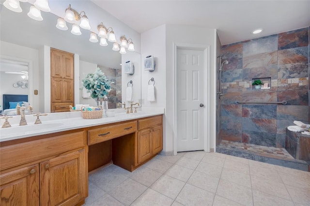 11134 Bonham Ranch Rd, Dripping Springs, TX 78620 - full bathroom with double vanity, tiled shower, and tile patterned flooring